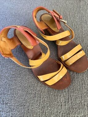 Coach Yellow and Tan Patent Leather Wedge Sandals